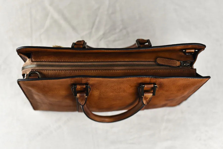 Men's 14-inch horizontal leather business handbag in khaki or black colour