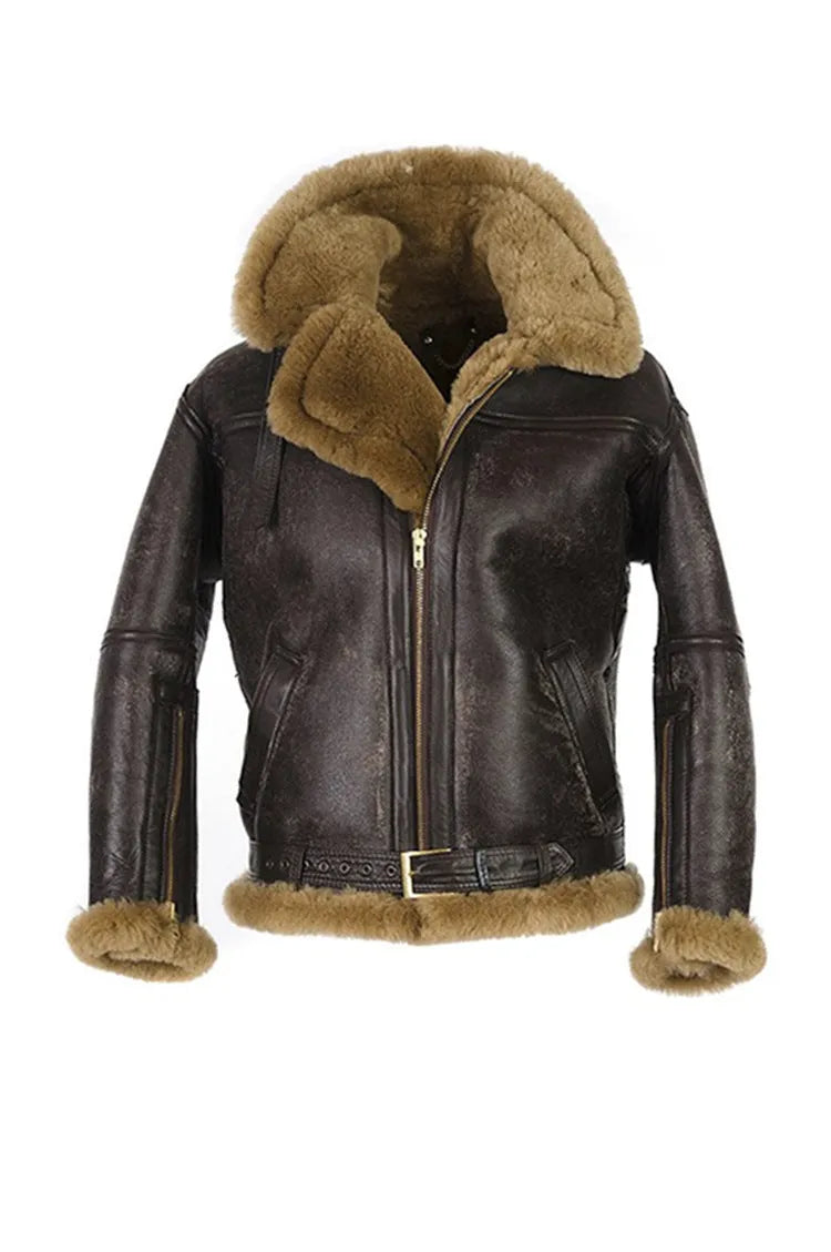 Men's brown synthetic leather fur coat with straight hem and side pockets