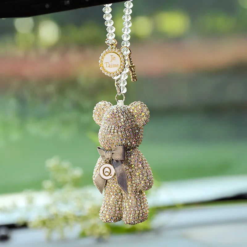 Violent Bear character car rearview mirror pendant with diamond-embedded rhinestone detailing measuring 5x9cm