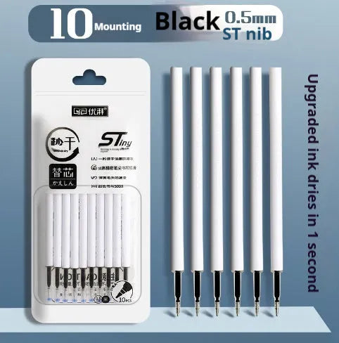 Pack of 10 quick-drying bullet gel pen refills in black, red, blue, and ink blue colours.
