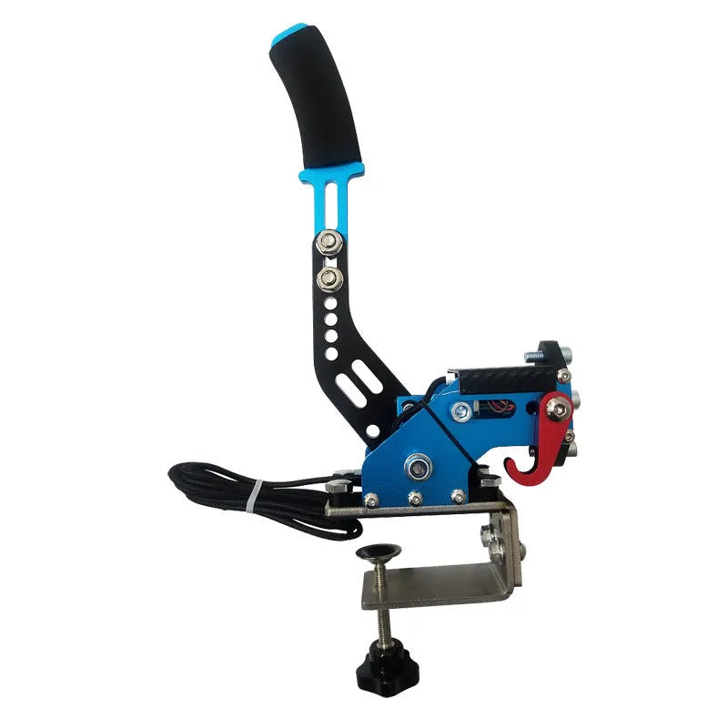 Black USB handbrake with aluminium bracket and clamp for PC racing simulators next to a racing wheel.