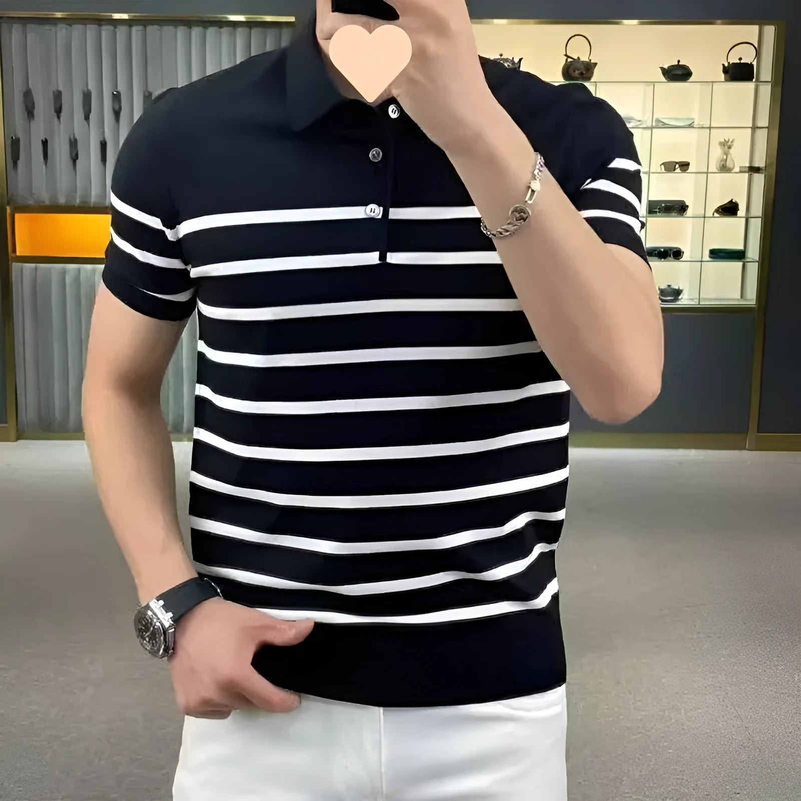 Men's black striped lapel knitted pullover t-shirt on white background