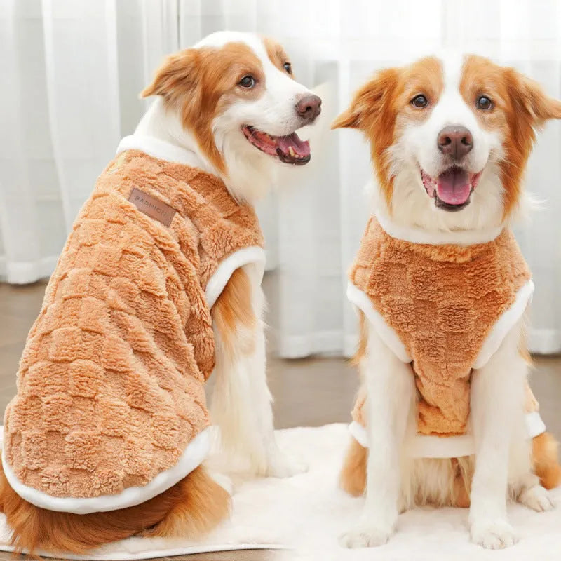 Pet autumn winter cotton clothes coral fleece jacket in brown square grid with leather tag, side view