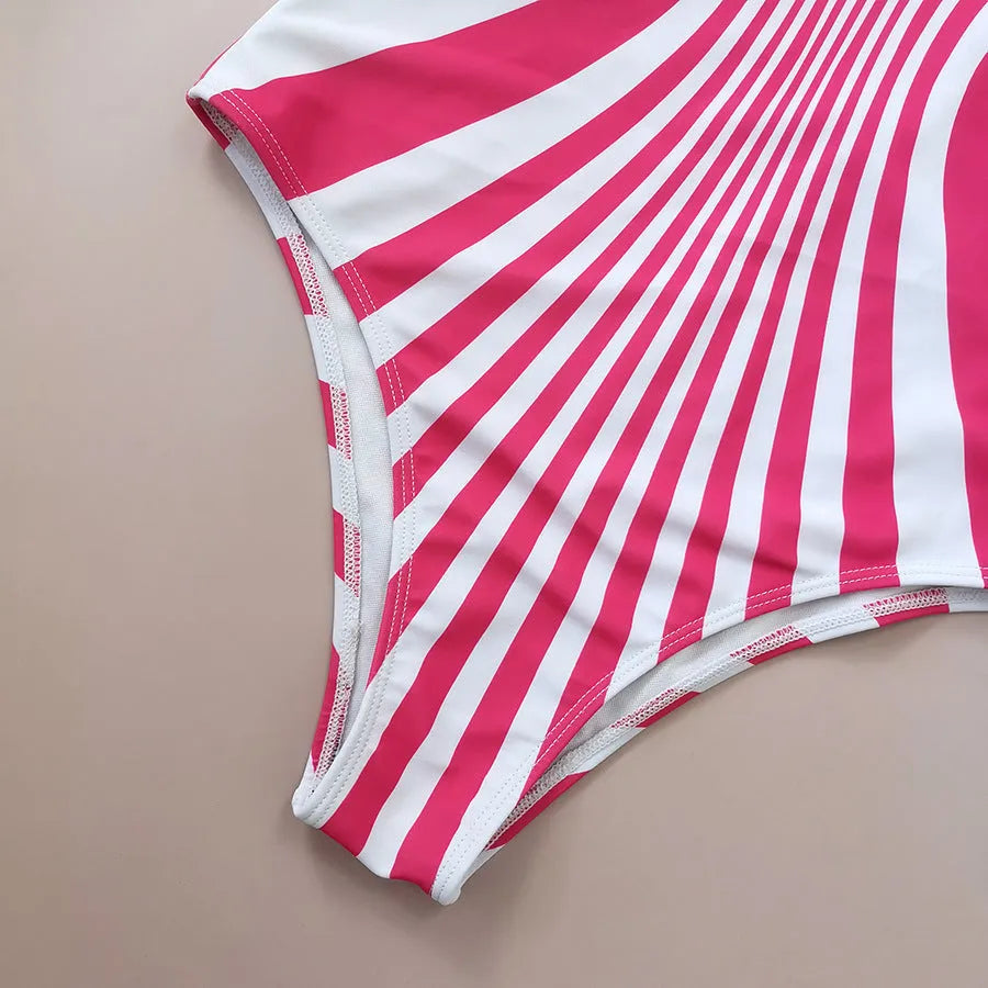 Women's pink striped one-piece swimsuit with digital front and back printing