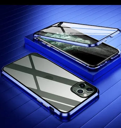 Black glass anti-spy clamshell privacy case for iPhone, shown open and closed.