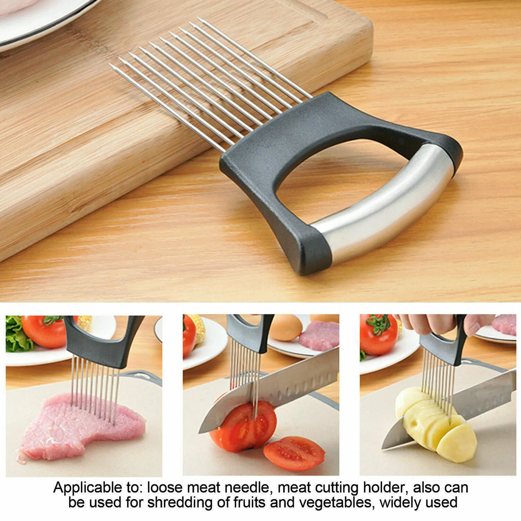 Stainless steel onion holder slicer with ABS handle measuring 14cm by 9.5cm
