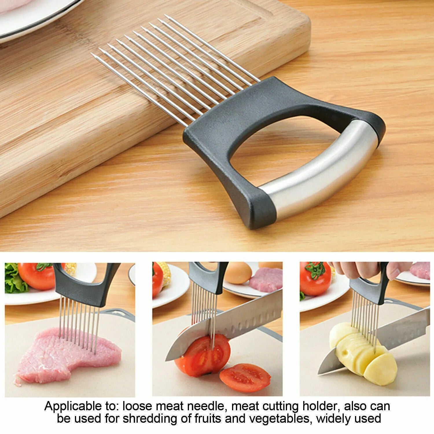 Stainless steel onion holder slicer with ABS handle measuring 14cm by 9.5cm