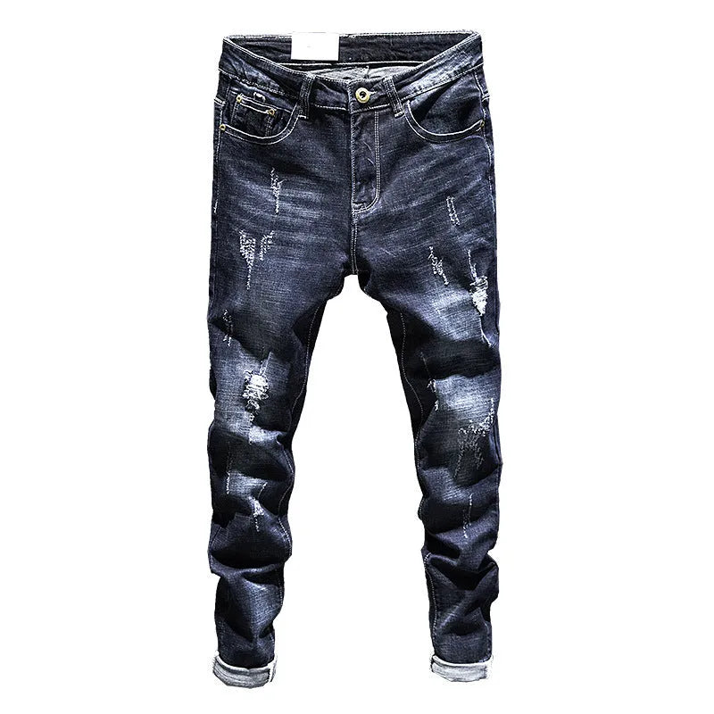 Men's slim-fit skinny jeans in dark blue denim with micro elasticity and mid-rise waist