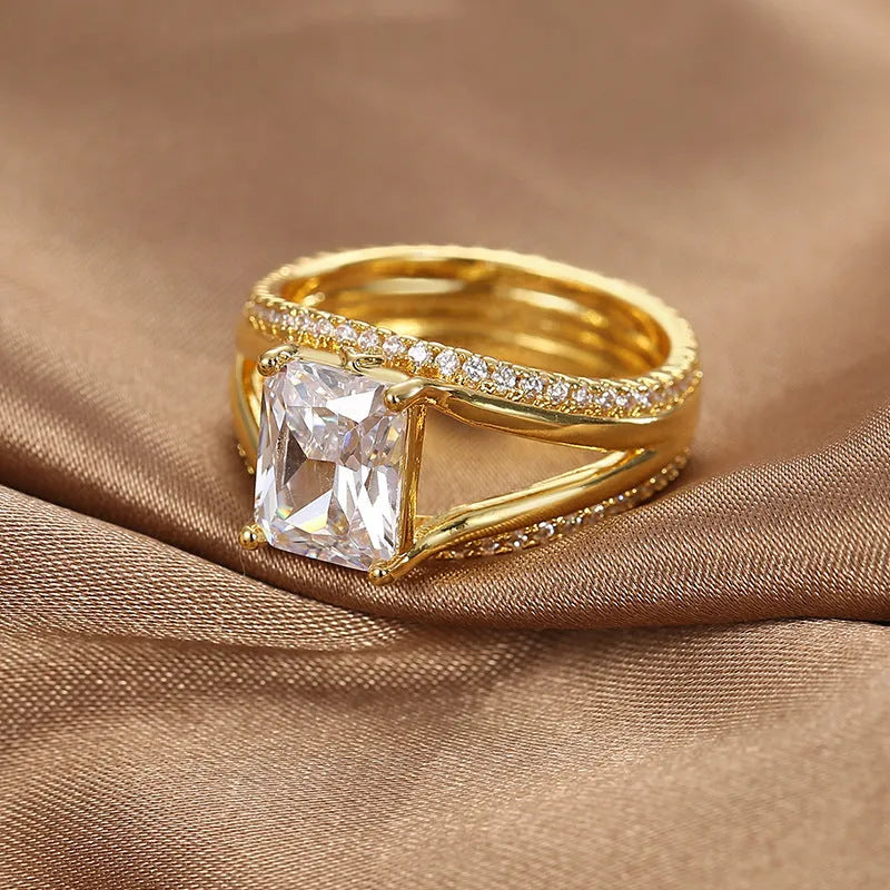 Gold square zircon geometric ring with electroplated copper band showing European American simple design