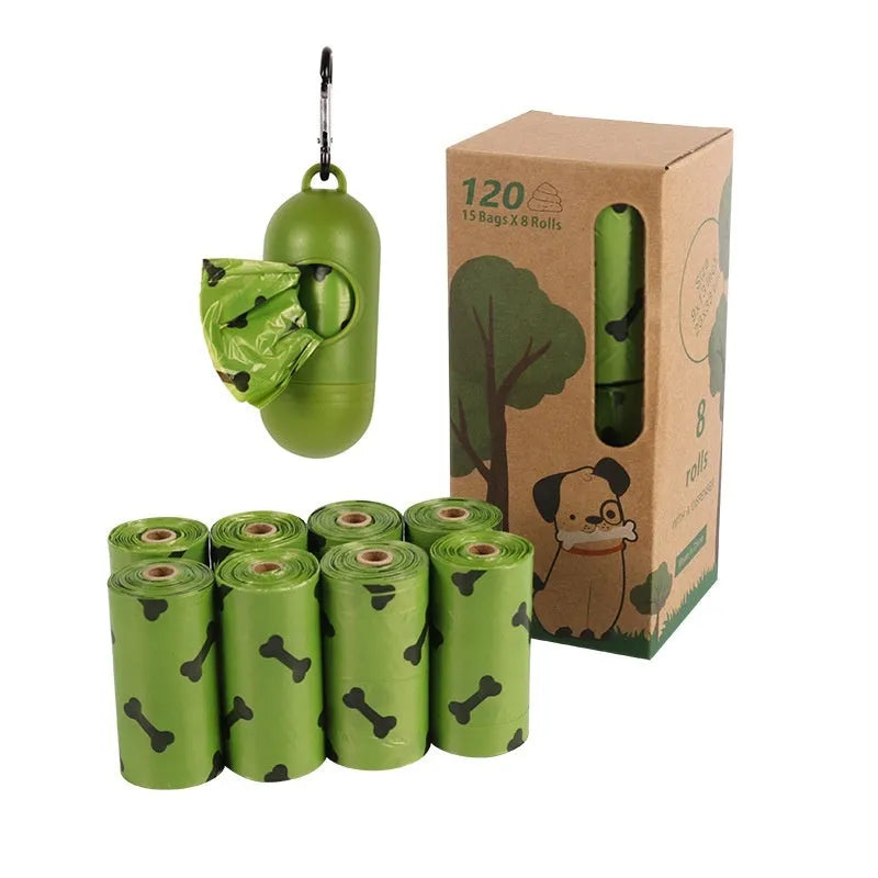 Degradable dog waste bag roll showing military green colour with black bone pattern print