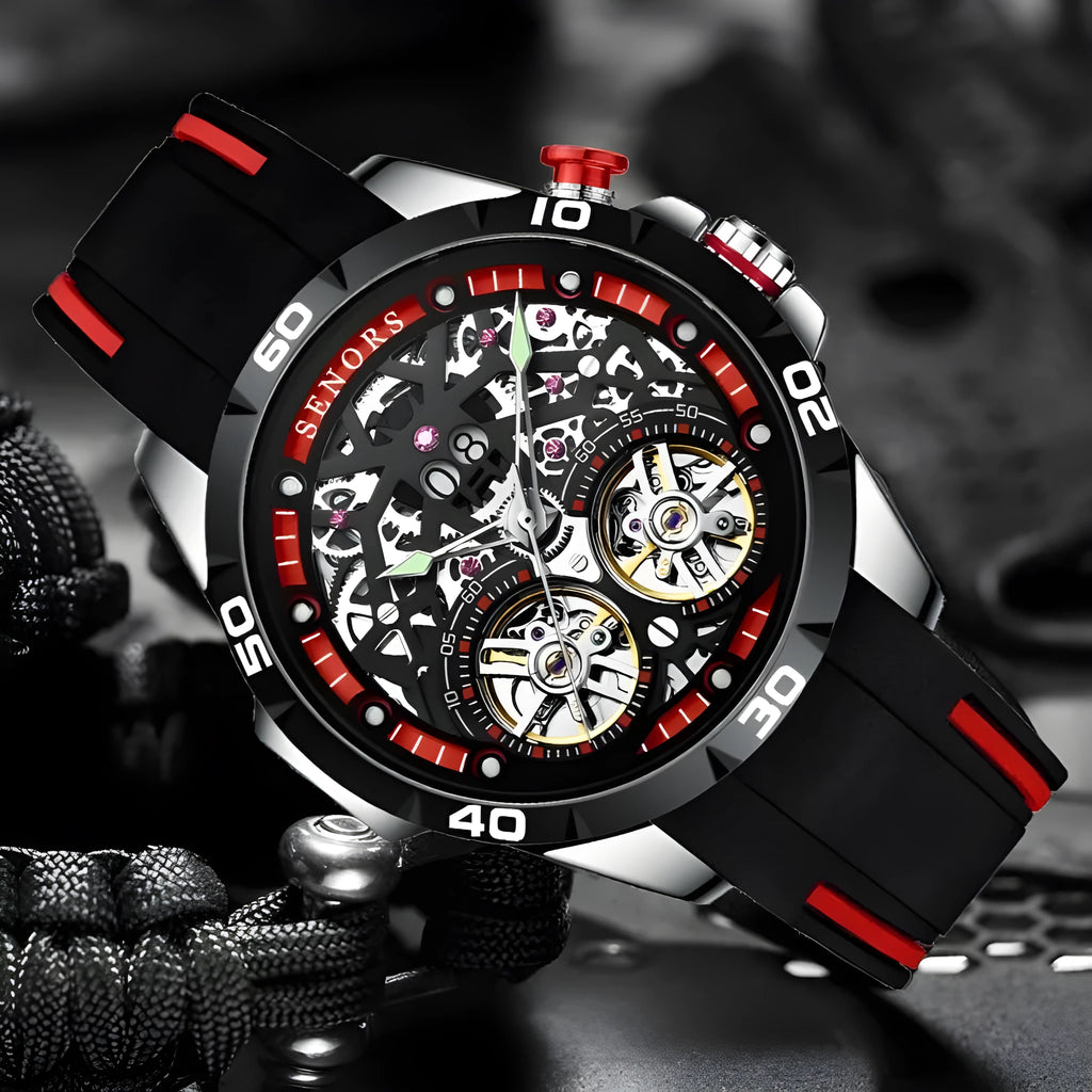 Blue automatic mechanical men's watch with luminous hands and skeleton dial on a business-style strap.