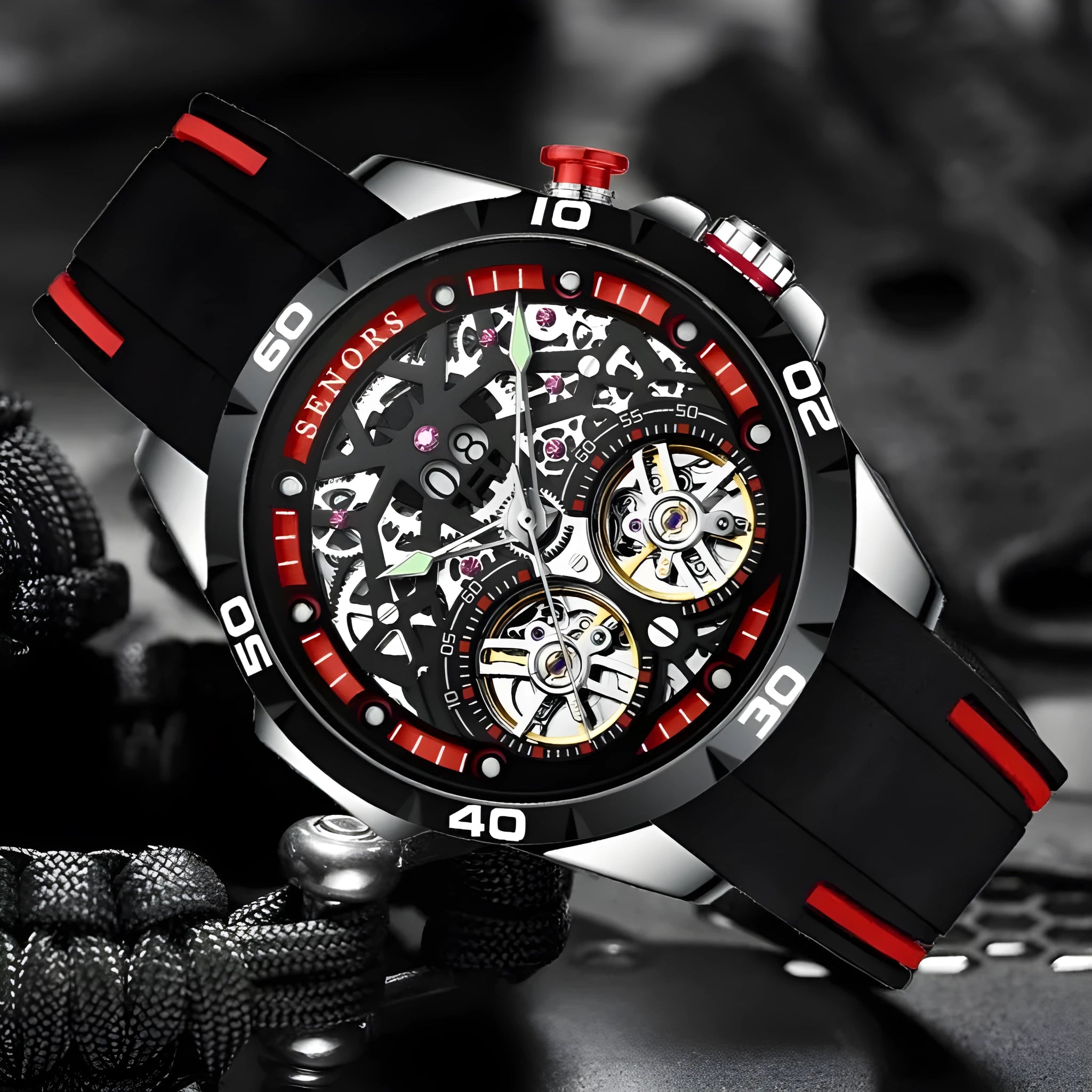 Blue automatic mechanical men's watch with luminous hands and skeleton dial on a business-style strap.