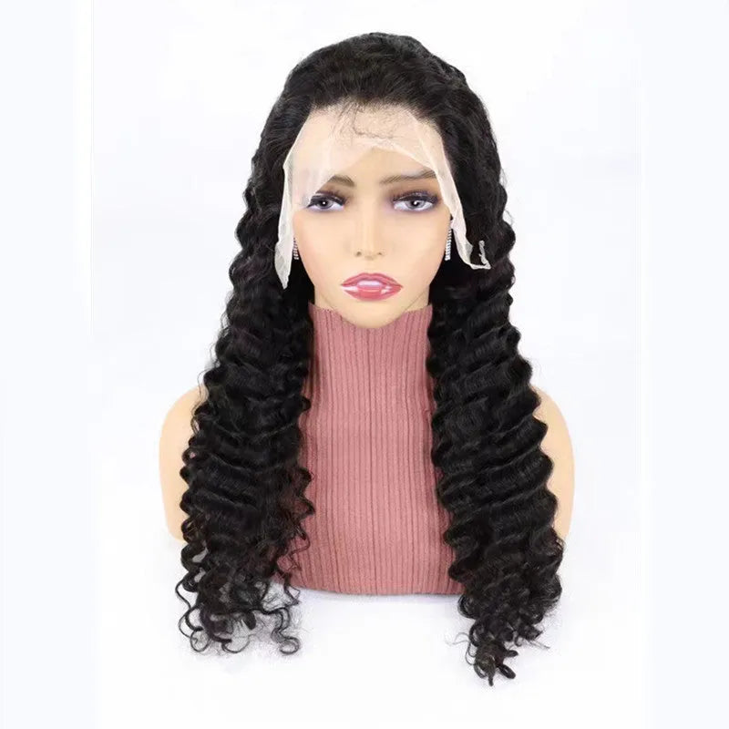 Solid colour human hair lace front wig displayed on a stand