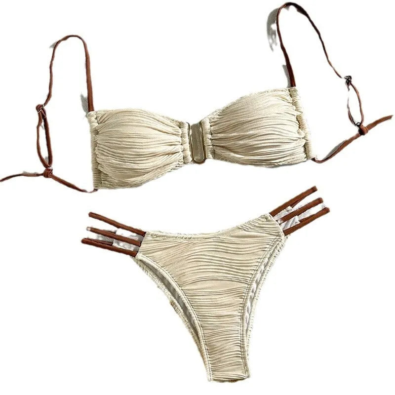 Women's fashion striped three-point polyester bikini set in khaki for beach and hot spring use