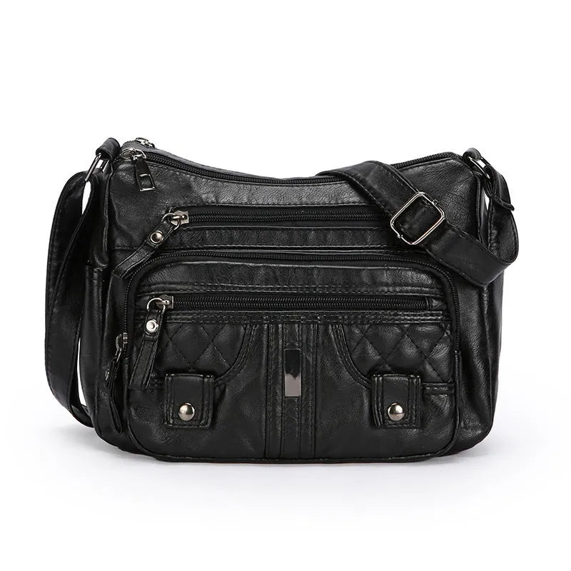New washed PU shoulder messenger bag in horizontal square shape with three-dimensional pocket, 26x19x8cm