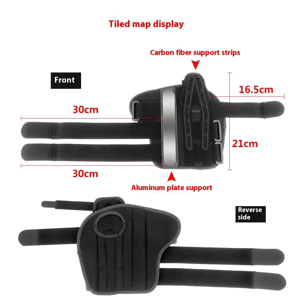 Carbon fibre sports wrist guard with thumb strap shown in black with grey edging, for left or right hand.