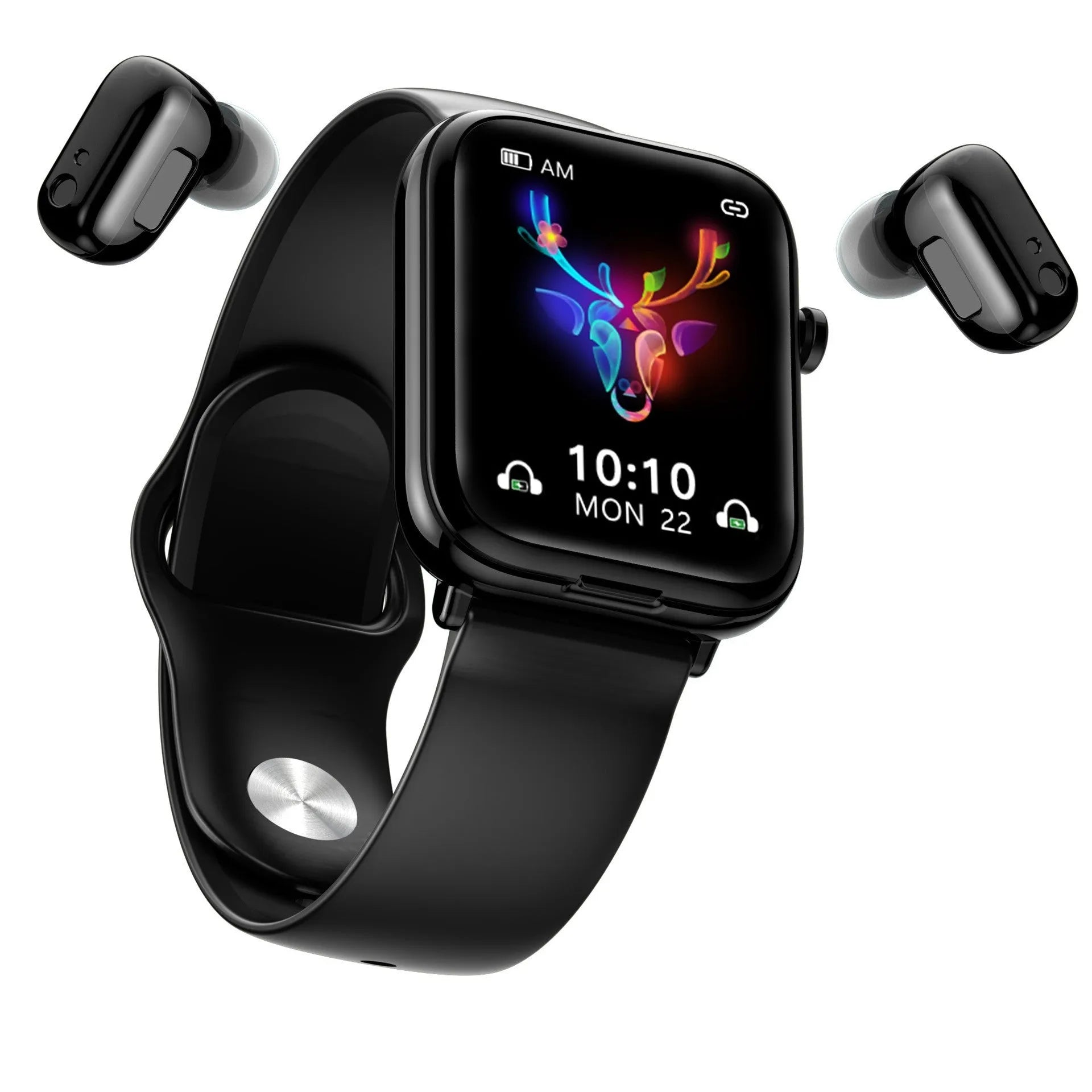 Black zinc alloy smartwatch with 1.69-inch touch screen showing heart rate data, next to its magnetic charging case.