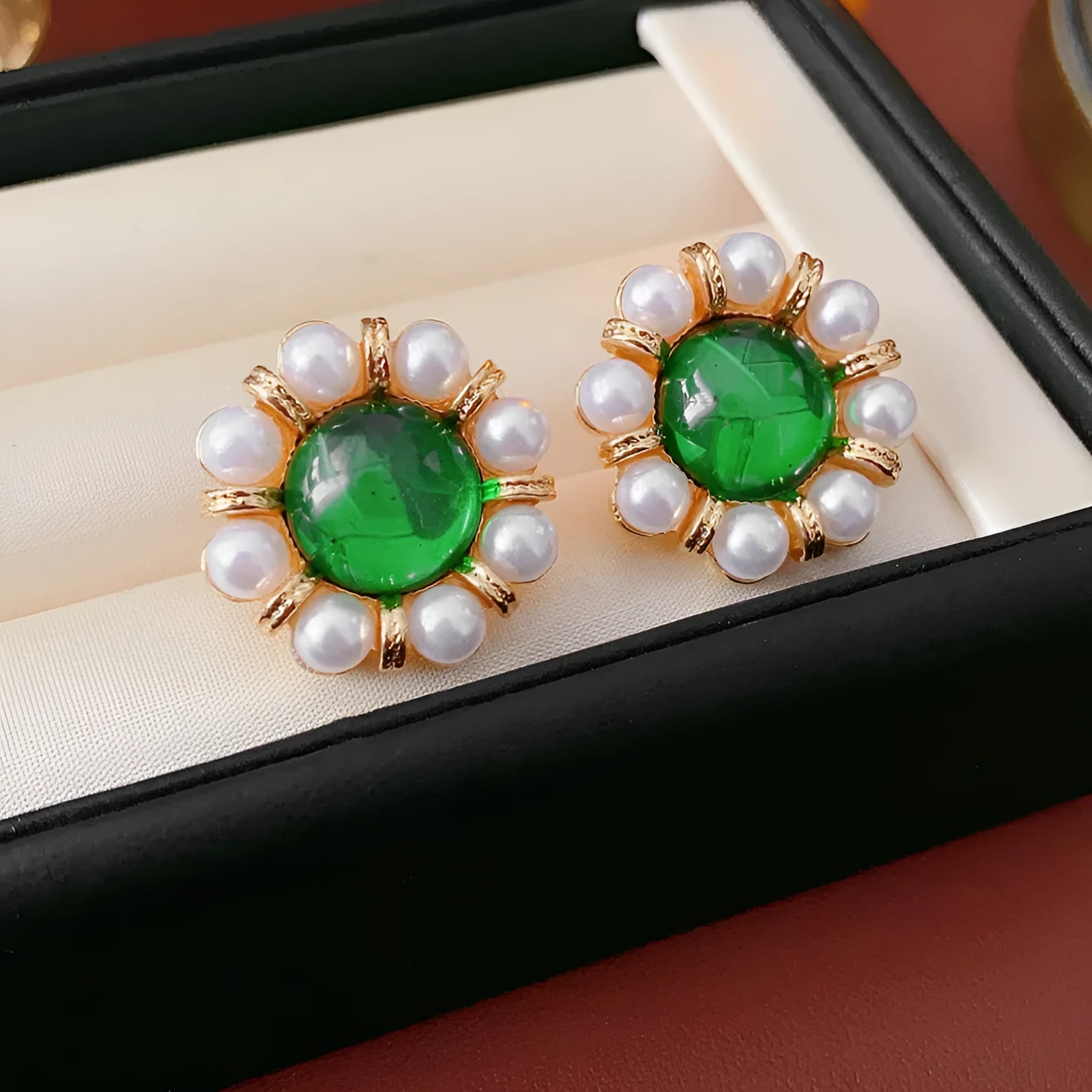 47 Silver Needle Gold Green pearl stud earrings with geometric round design and gold electroplated silver needles