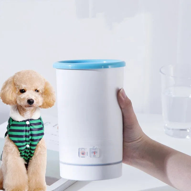 Automatic pet foot washing cup in white blue with silicone brush interior and USB power cable
