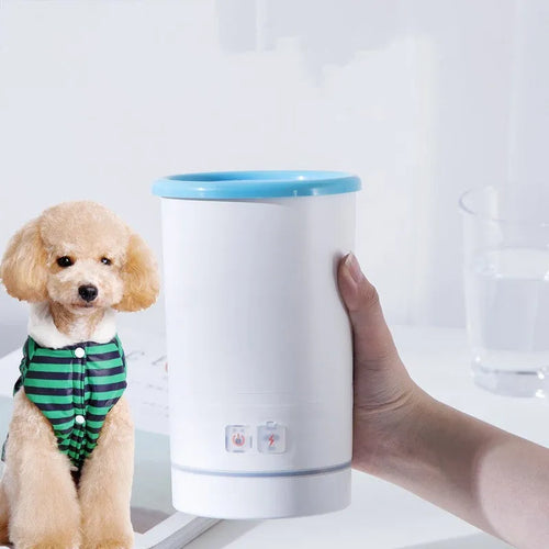 Automatic pet foot washing cup in white blue with silicone brush interior and USB power cable