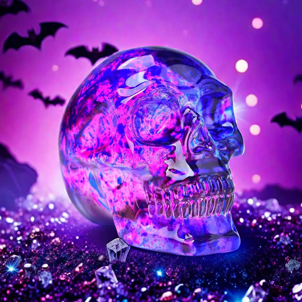 Pink and blue floral skull ornament made of glass with hanging loop