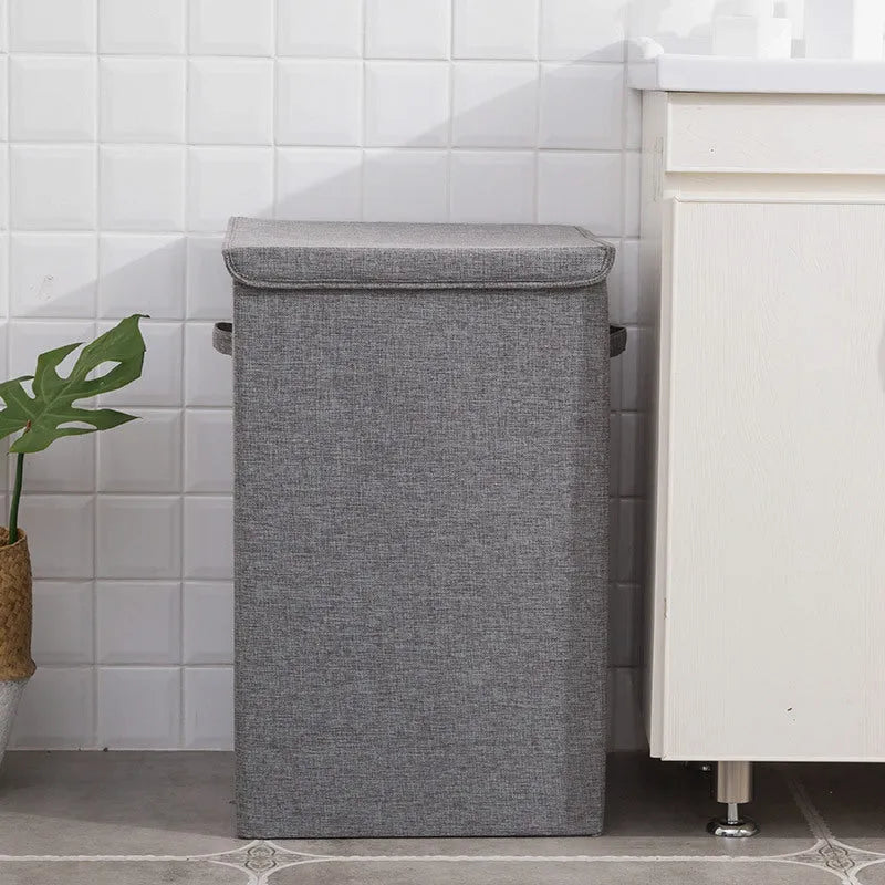 Cotton linen foldable storage basket in modern simplicity style shown in grey colour