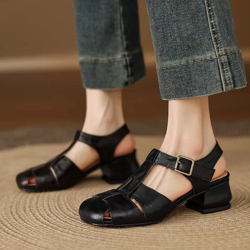 Women's genuine leather Roman sandals with square toe, available in black, red, beige, and creamy-white – sizes 34-40