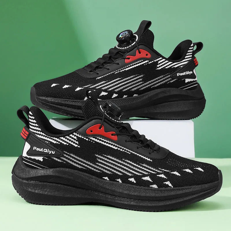 Men's rotating buckle Fly-knit mesh casual sports running shoes in low top design with TPU popcorn sole