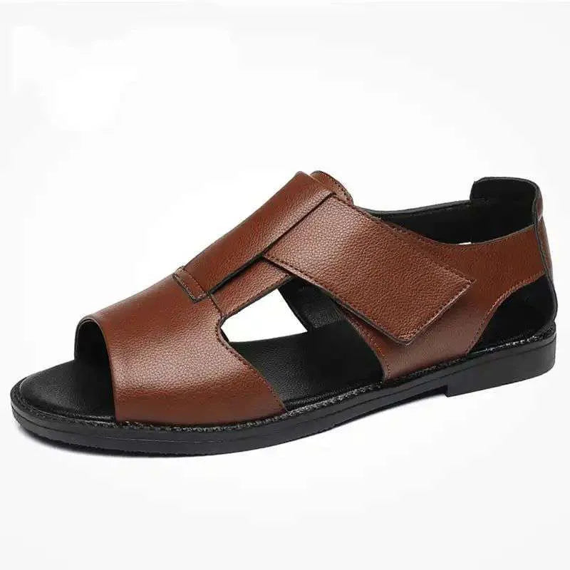 Men's black leather casual sandals with open toe design and non-slip rubber soles