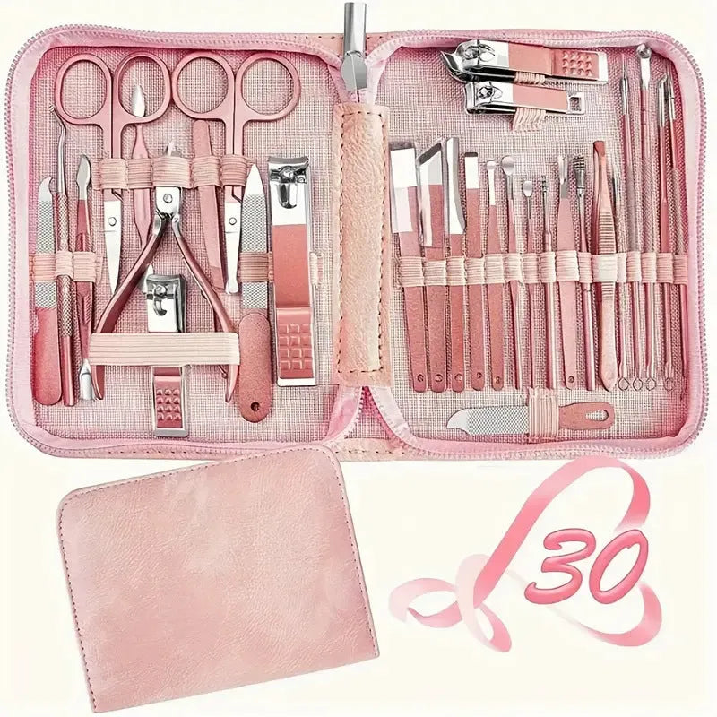 30-piece stainless steel nail beauty tool set with tools in five colour options including pink, blue, rose gold
