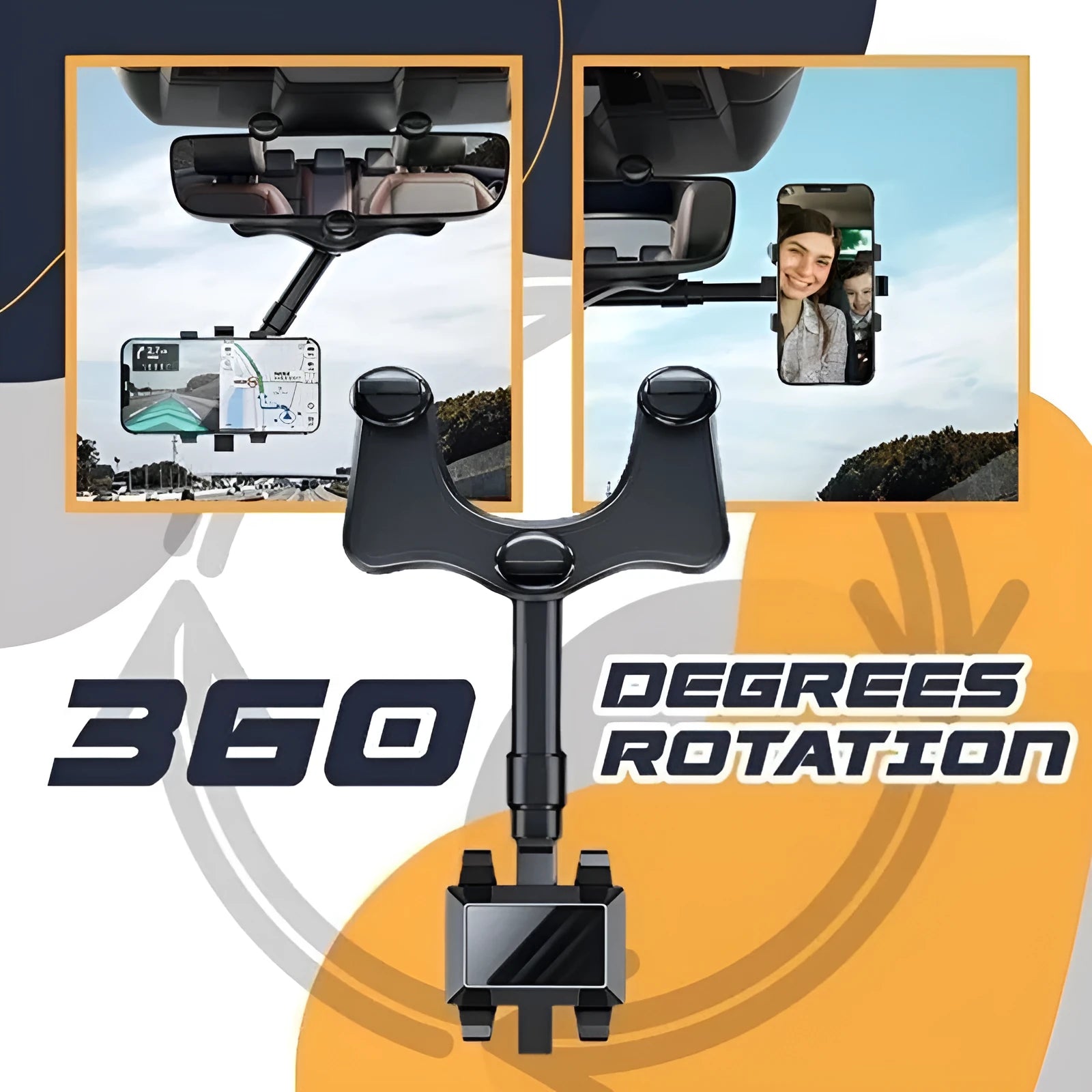 Black rearview mirror phone holder with rotating head and telescopic arm mounted on a car mirror.
