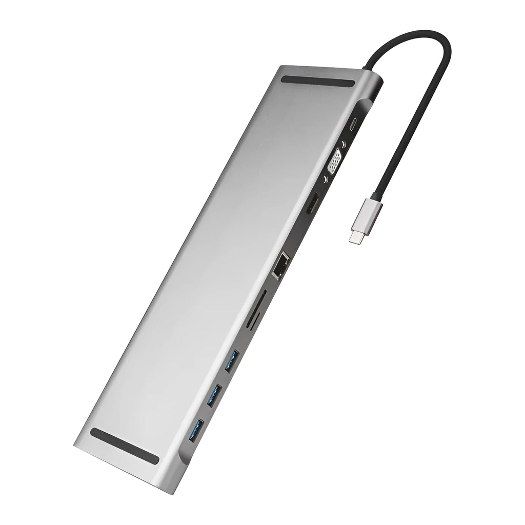 Grey ten-port USB C docking station with HDMI, VGA, Gigabit network, and cooling bracket