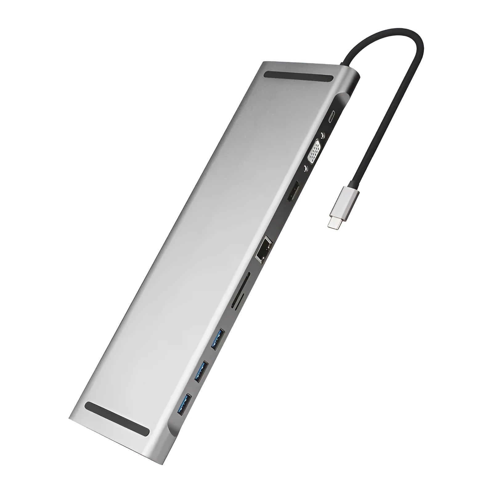 Grey ten-port USB C docking station with HDMI, VGA, Gigabit network, and cooling bracket