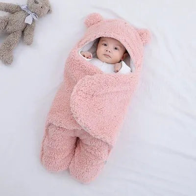 Baby newborn thickened out wrap swaddle sleeping bag in blue lamb wool, suitable for winter, size 0-3 months.