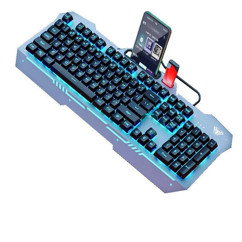 Black and white wired mechanical-feeling keyboard mouse headset bundles with RGB or blue backlighting