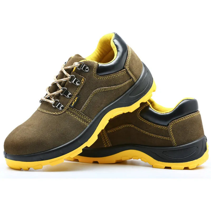 Bronze cow suede safety shoes with steel toe cap and non-slip sole pattern