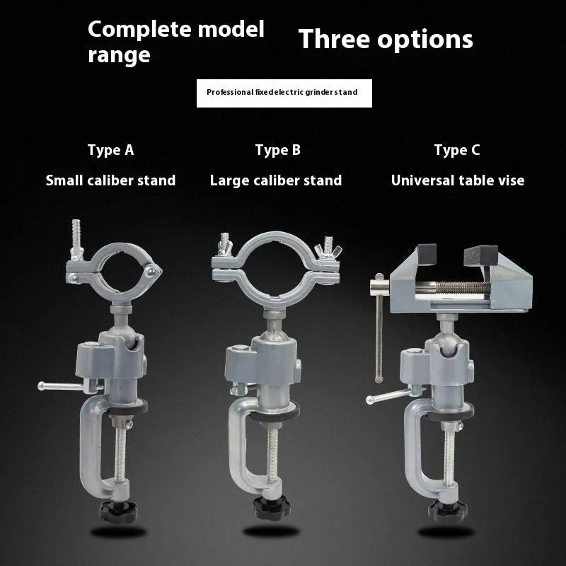 Small flat bracket-type clamp-on bench vise with a 360-degree rotating head on a workbench.