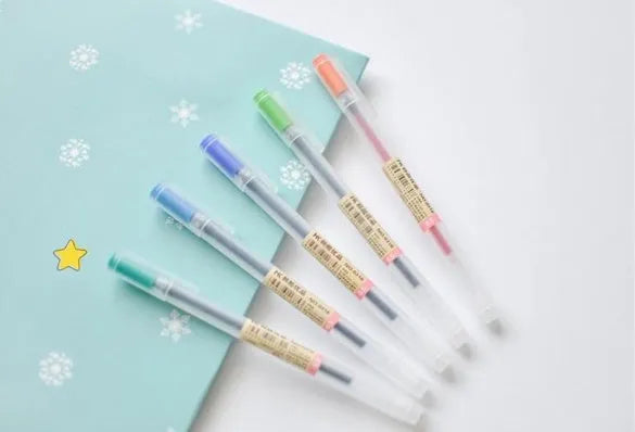 Muji 12-piece gel pen set with 0.5mm fine nibs displayed in packaging.