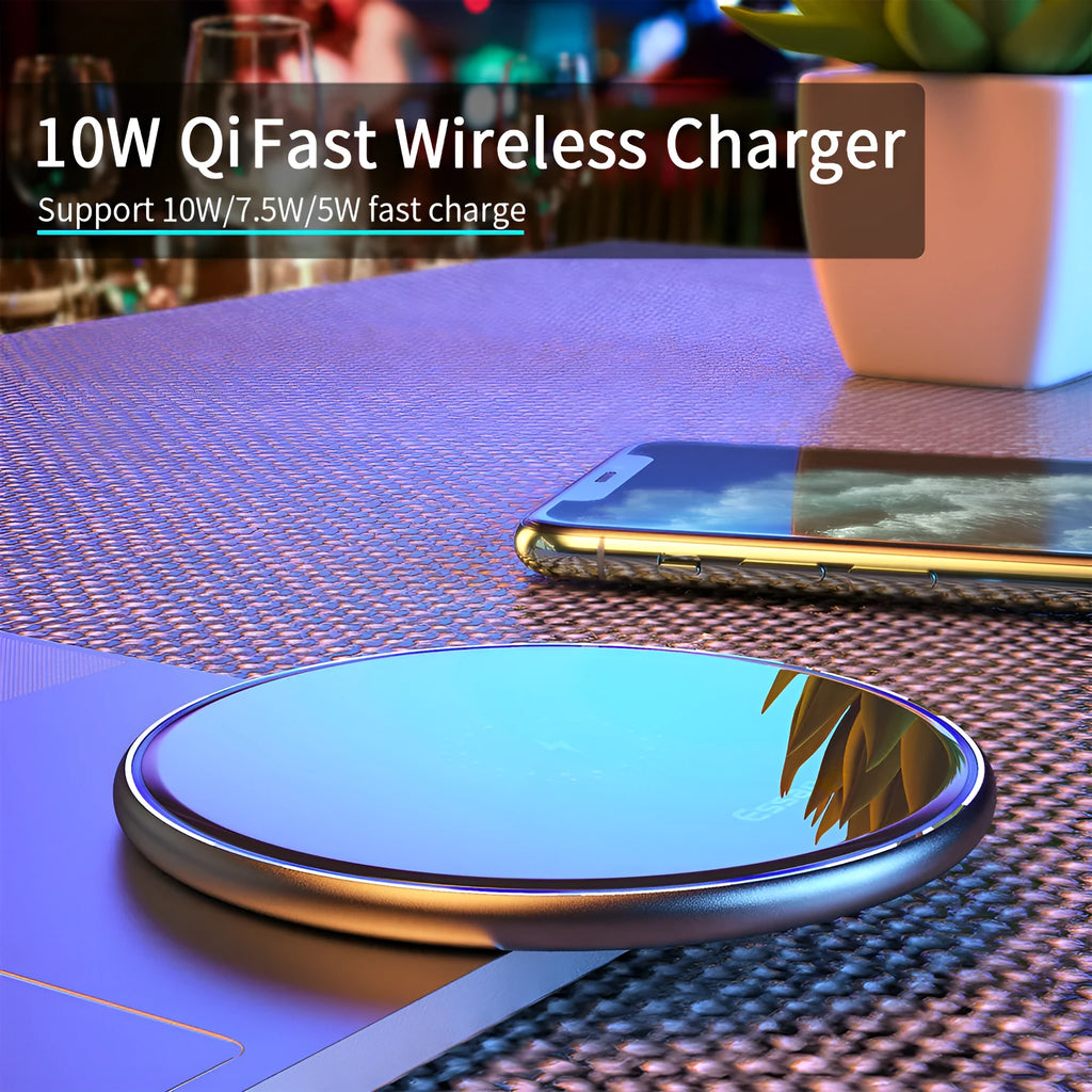 Black or white aluminium wireless charging pad showing soft LED light, for phones and headphones.