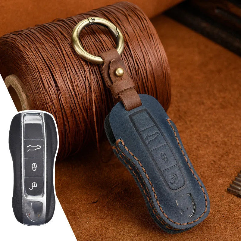 Porsche leather key case in retro style for 3 or 4 keys in blue or brown