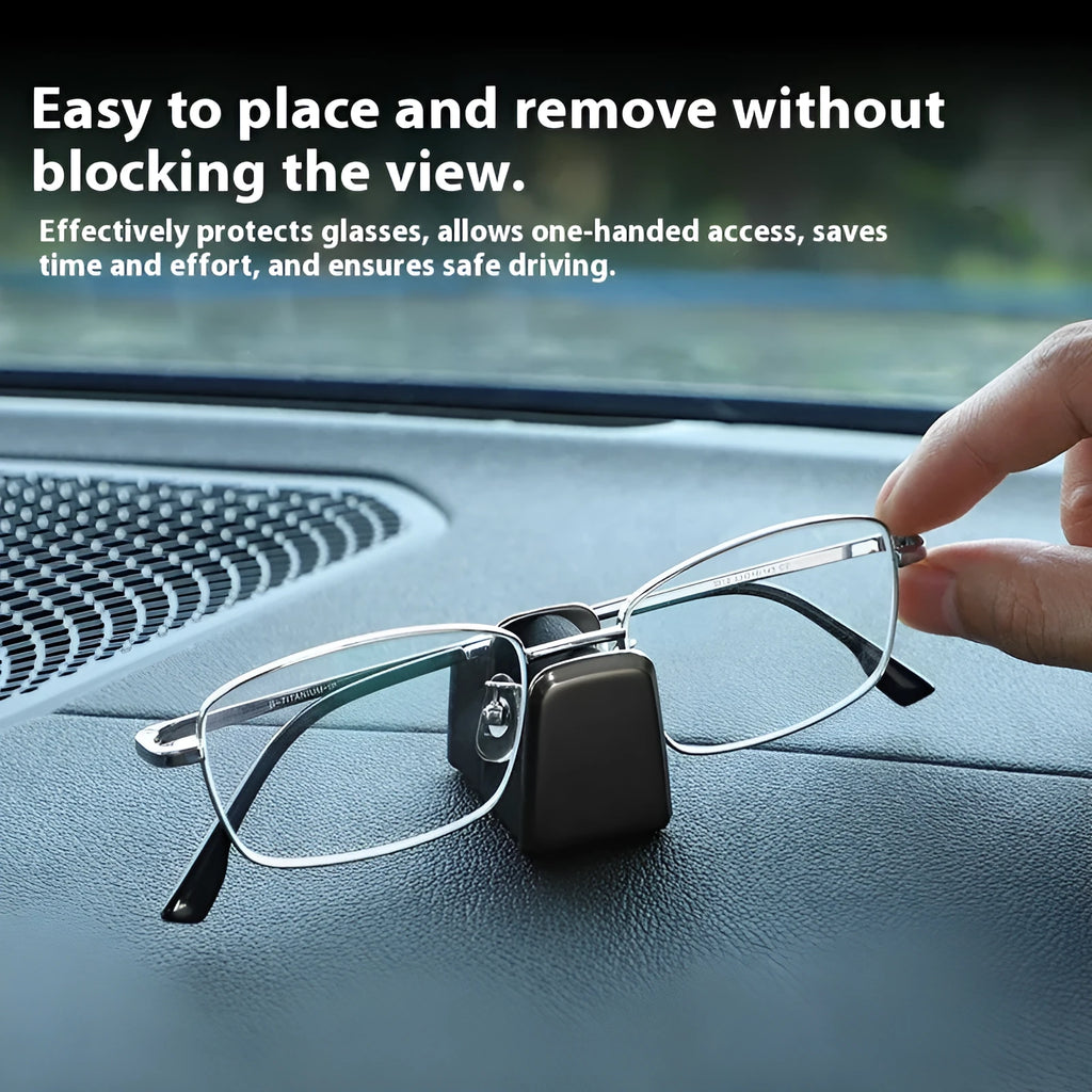 Zinc alloy and leather car dashboard clip for holding glasses in black, grey, green, or red.