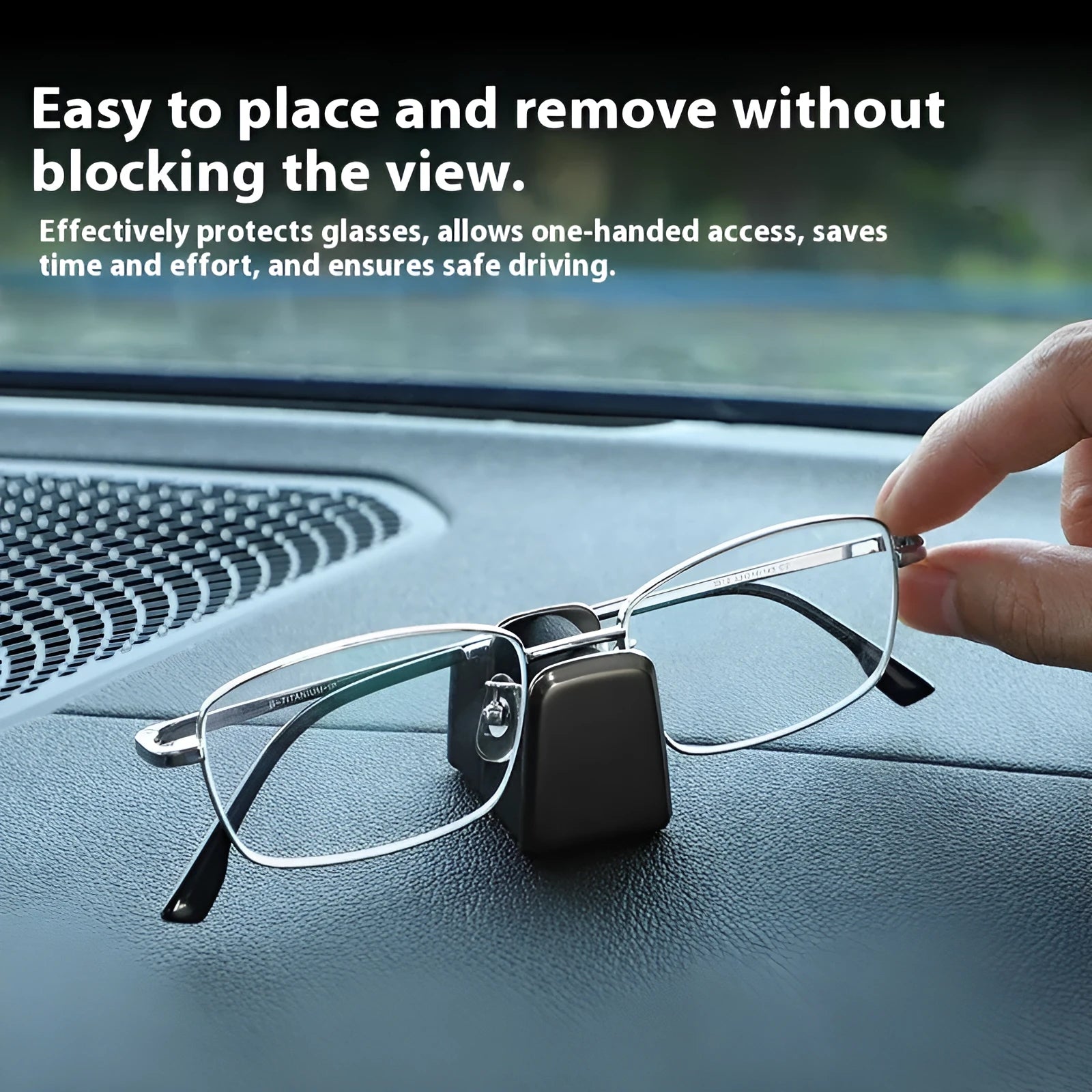 Zinc alloy and leather car dashboard clip for holding glasses in black, grey, green, or red.