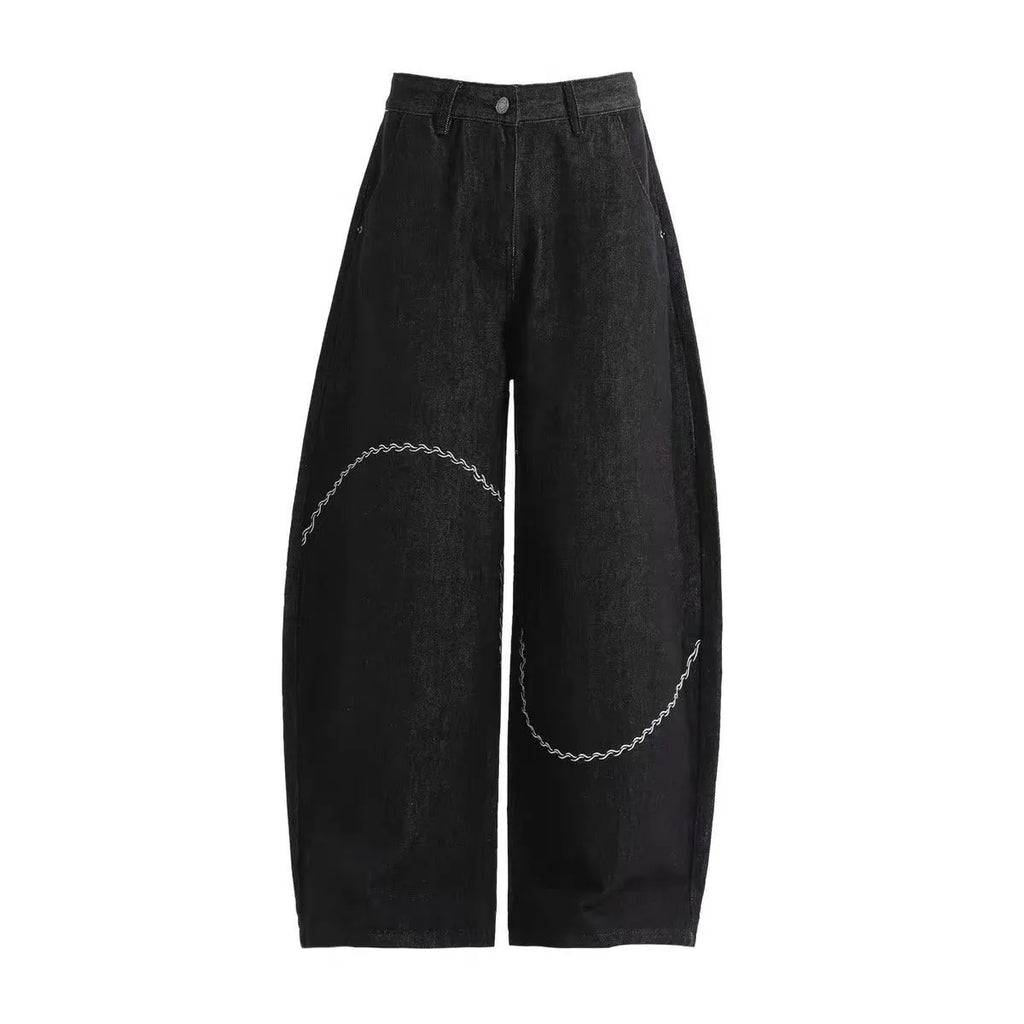 Black straight-leg denim trousers with micro-elastic fabric for autumn and winter casual wear
