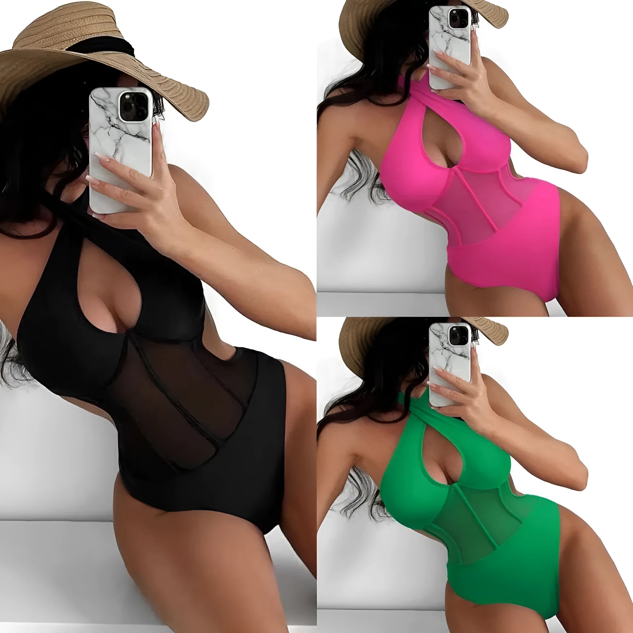 A black ladies one-piece swimsuit bikini made from nylon and spandex fabric on a neutral background.