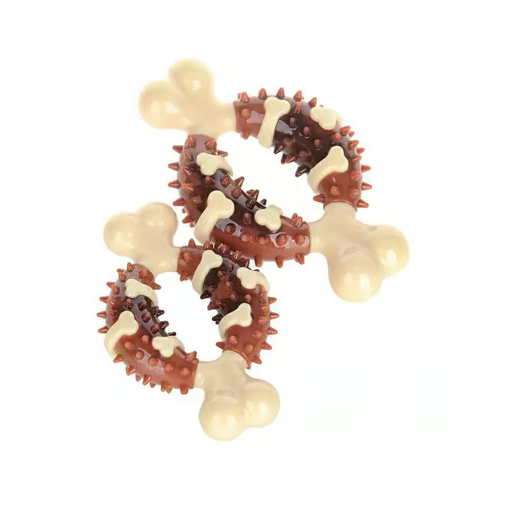 Bone-shaped natural rubber dog dental chew toy for teeth cleaning and anxiety relief in two sizes