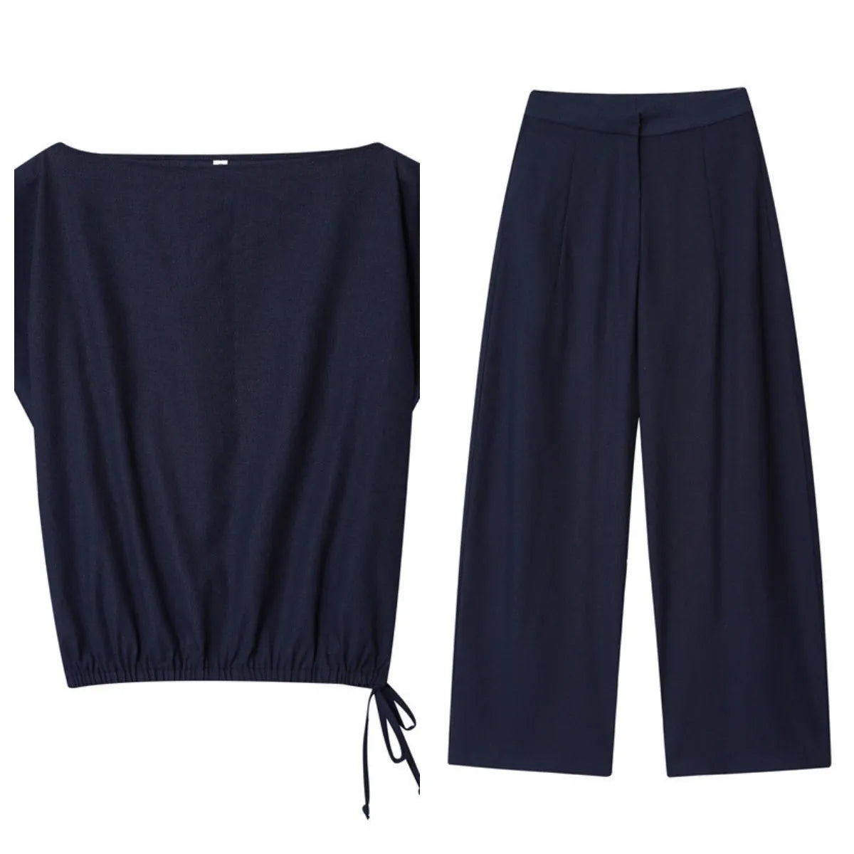 Women's linen blend office set with off-neck collar shirt and wide leg trousers
