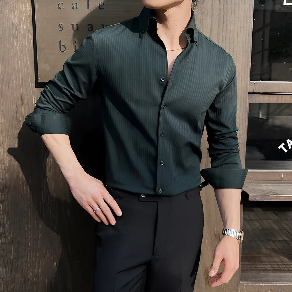 Men's dark striped V-neck long sleeve casual shirt in polyester blend fabric