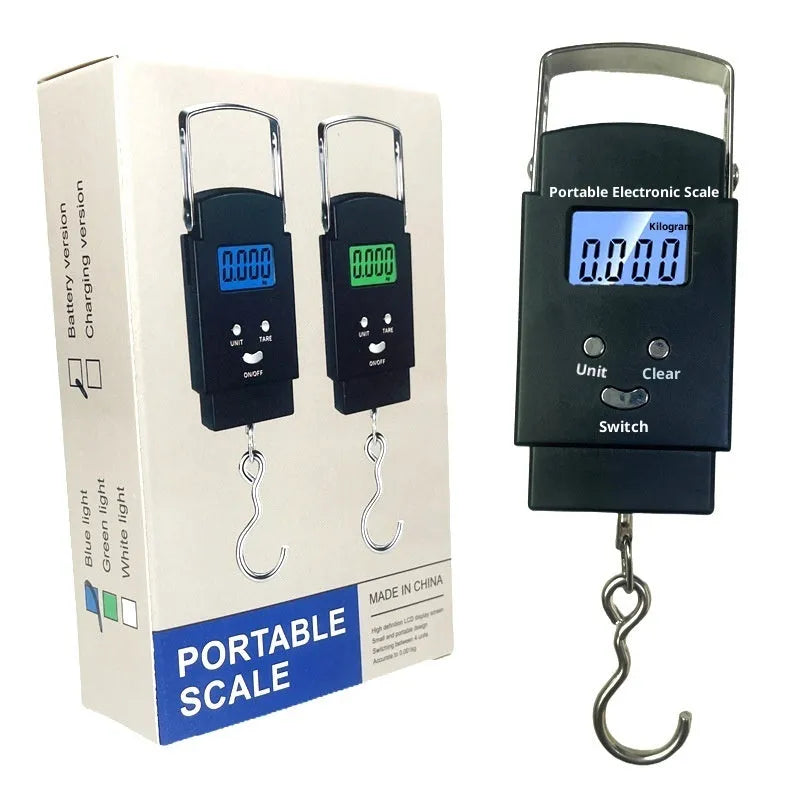 Mini handheld plastic electronic scale with blue backlight display and 50kg capacity, shown in Bohemian style