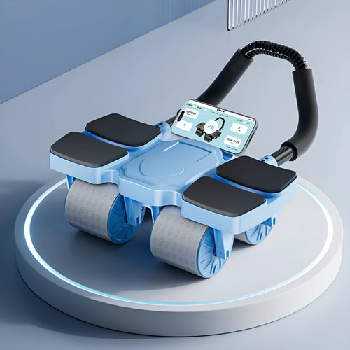 Black abdominal exercise wheel with four wheels and automatic rebound mechanism on a floor