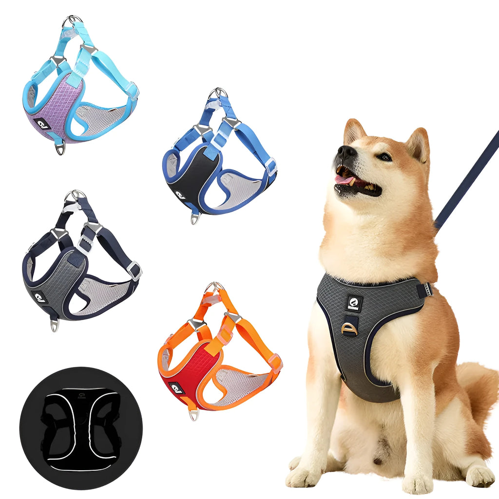 Breathable mesh dog harness with reflective piping in black, red, gray, or light purple for small medium pets